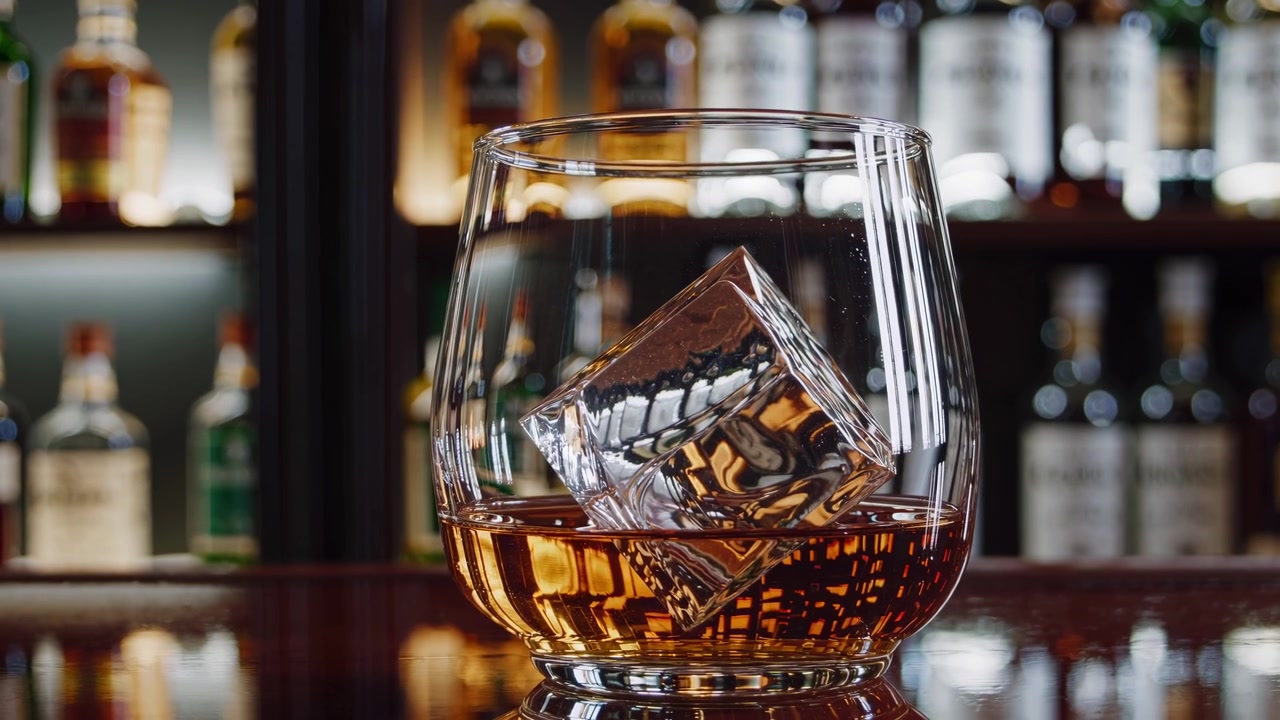 Primo piano di un bicchiere da whisky con un grande cubo di ghiaccio su un bancone da bar