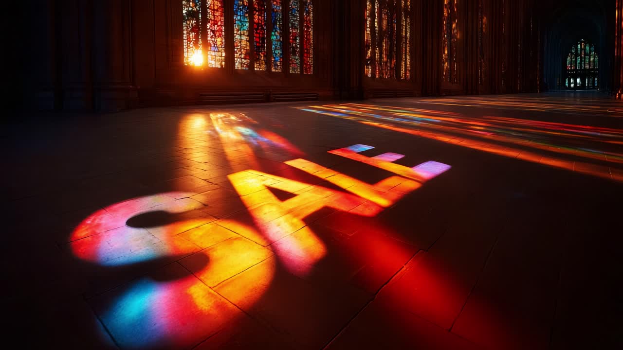 Vibrant Play of Colors on Floor with Illuminated Stained Glass Windows Casting a Unique SALE Reflection During Sunset in a Grand Architectural Space