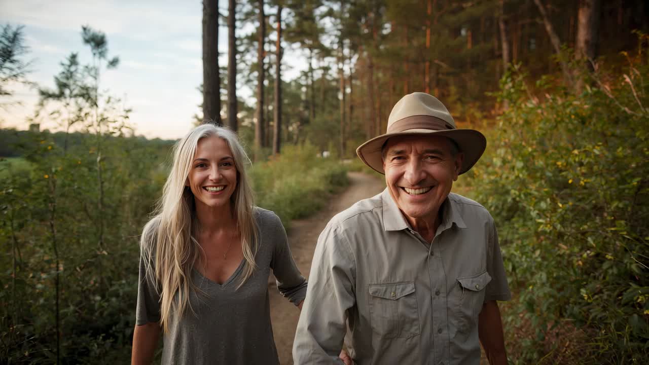 Walking pair closing toward camera on dirt trail through pines, man wearing tan hat for leisure