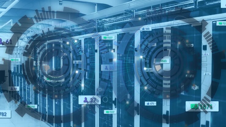 Animation of data processing and scope scanning over server room