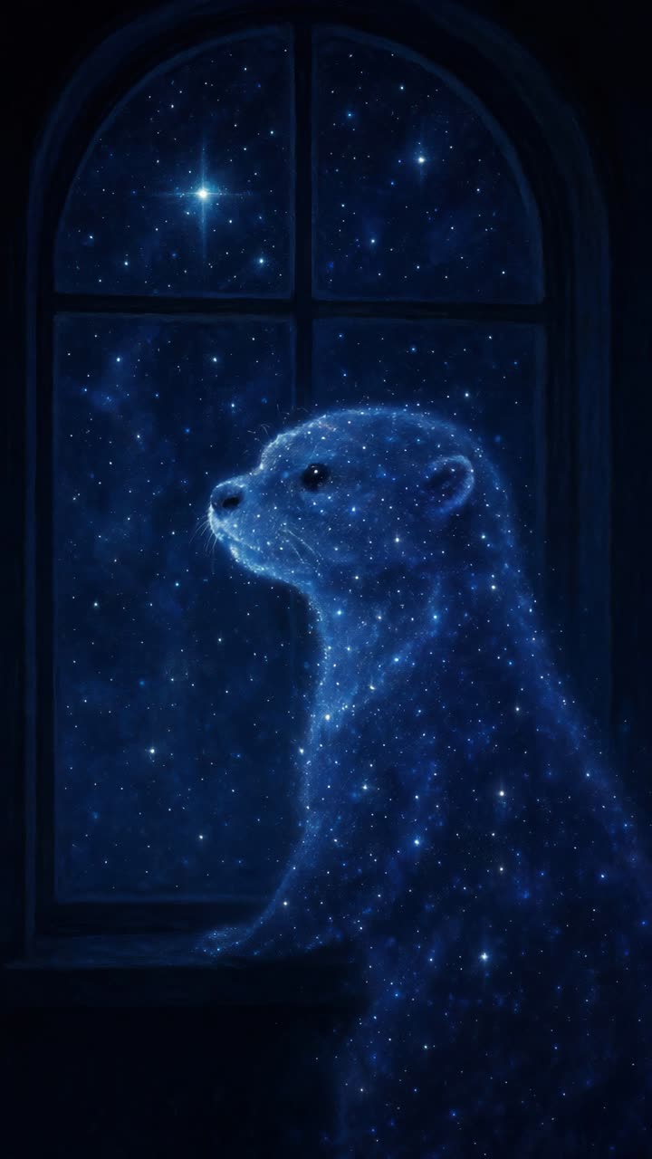 Una lontra mistica guarda una notte stellata attraverso una finestra ad arco. L'angolo laterale crea un'atmosfera sognante