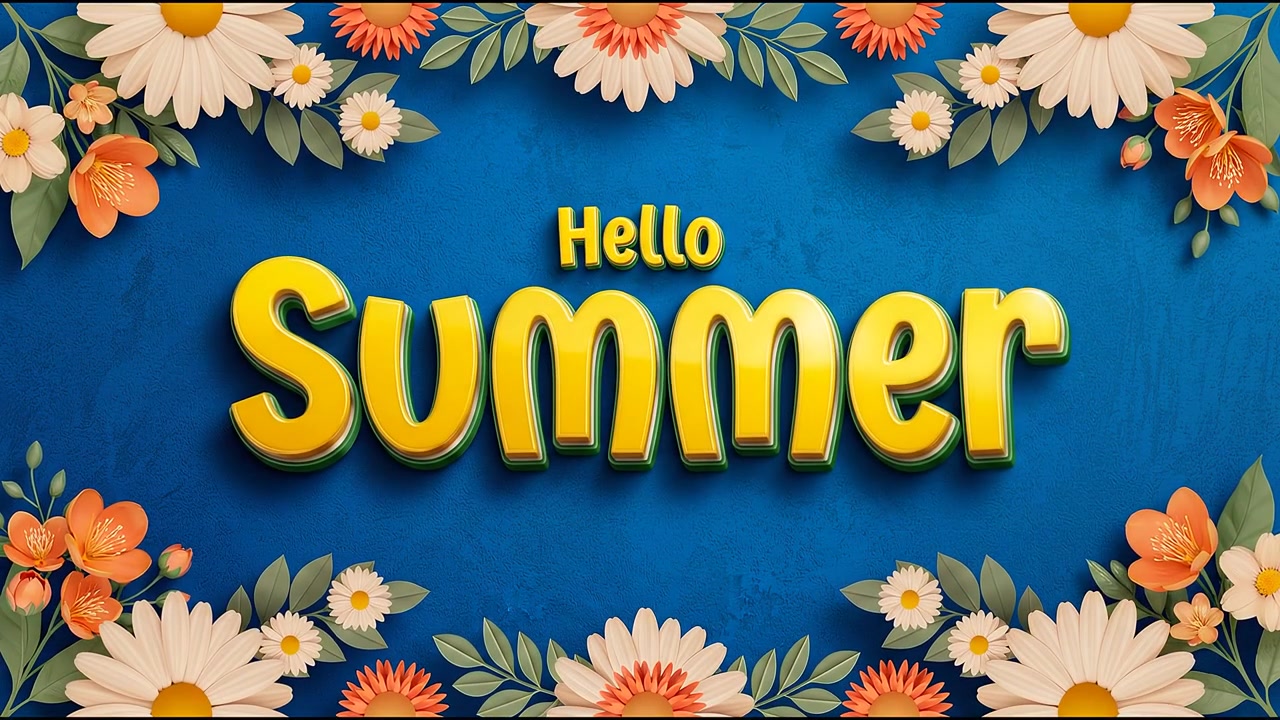 Hello Summer Floral Typography Animation with Bright Yellow Text and Daisy Flowers on Blue Background