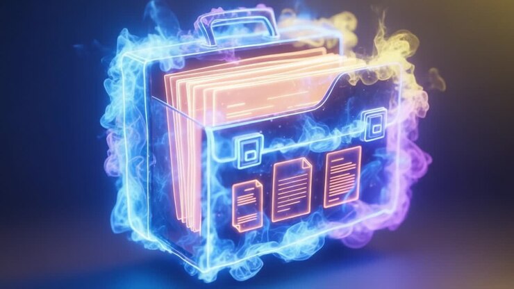 A Stunning Visual of a Vividly Glowing Document Case Surrounded by Colorful Flames, Capturing the Essence of Innovation and Creativity in Digital Design