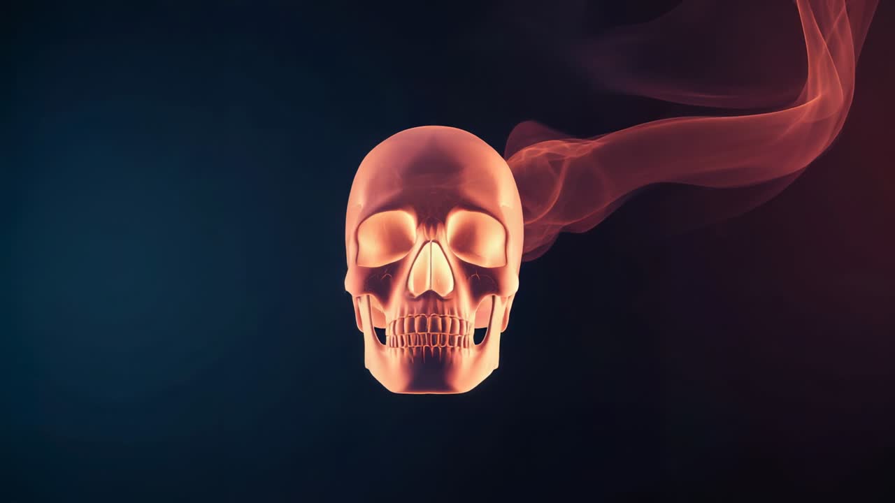 Opening animation showing glowing skull rotating in studio to reveal bones with swirling red smoke