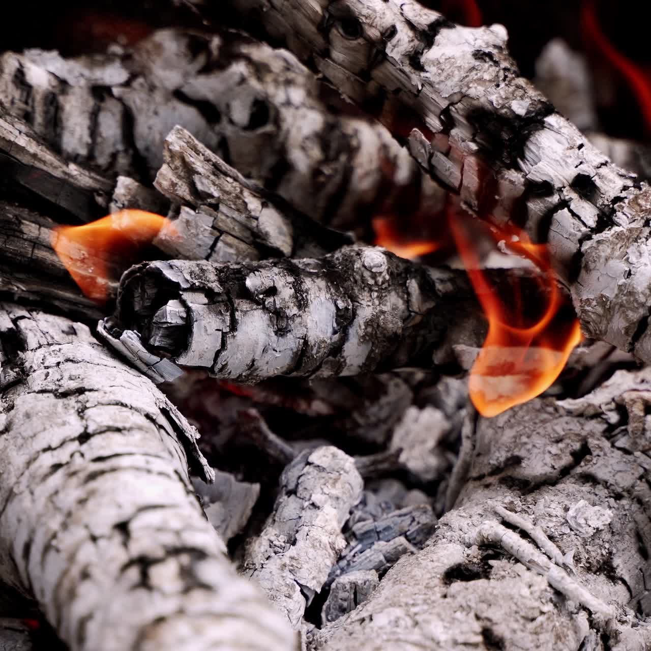 Background of smoldering charcoal. White wooden embers in slight fire. Hot smoldered logs ready for barbecue. Close-up.