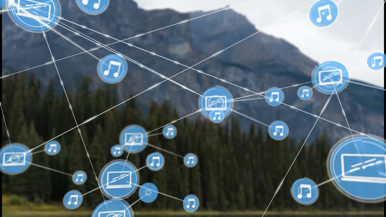 Animation of network of connections with icons over landscape