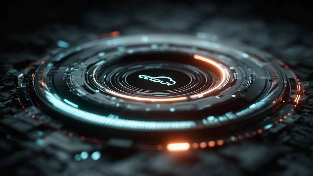 Interfaccia tecnologica circolare futuristica con bagliore al neon e movimento fluido, che mette in mostra elementi digitali moderni e concetti di design innovativi in un'ambientazione con interfaccia scura