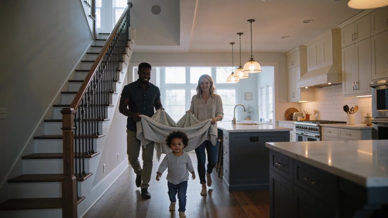 Starting toddler moving toward camera, parents holding blanket in home kitchen, guiding play