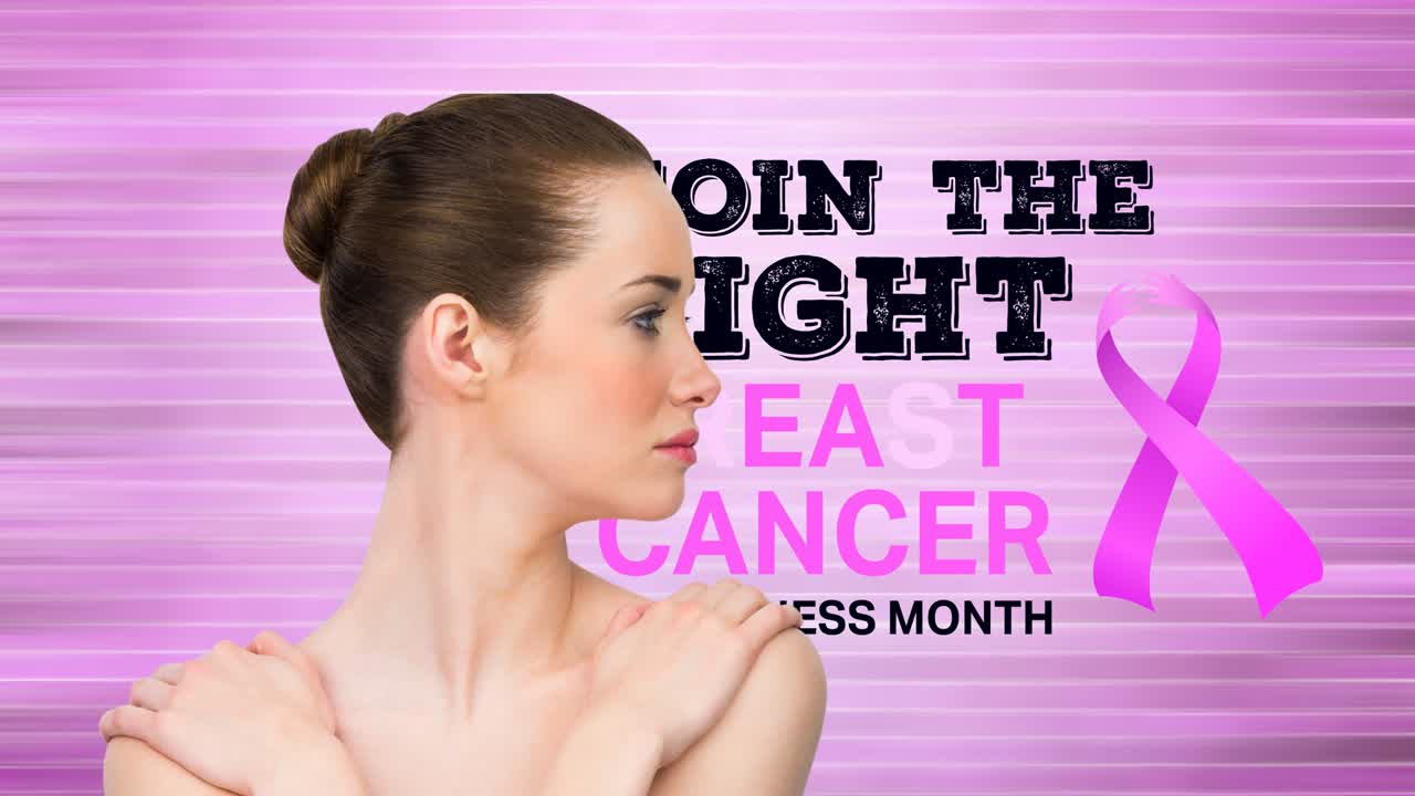 젊은 여성 위에 유방암 텍스트가 있는 분홍색 리본 로고의 애니메이션