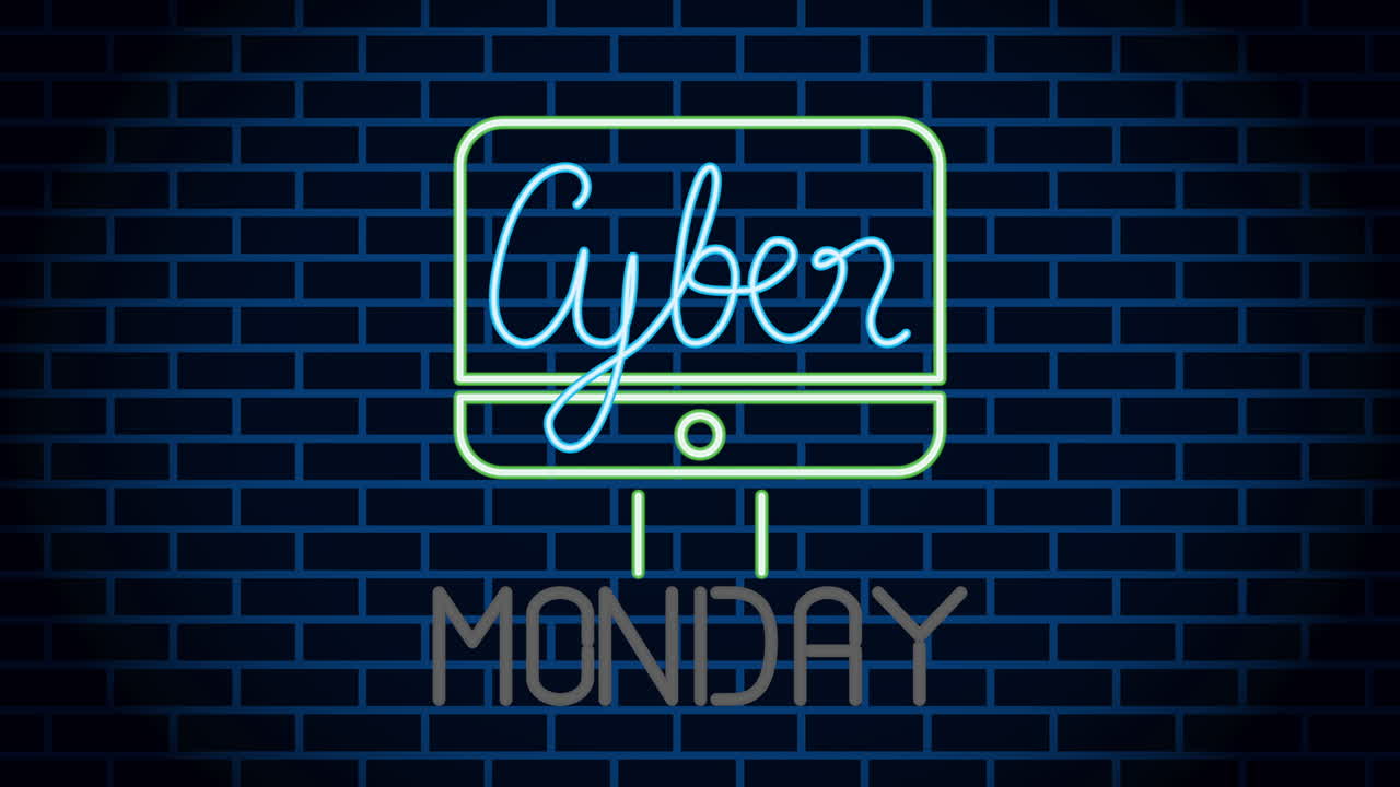 etiqueta de luz de neón del lunes cibernético con escritorio