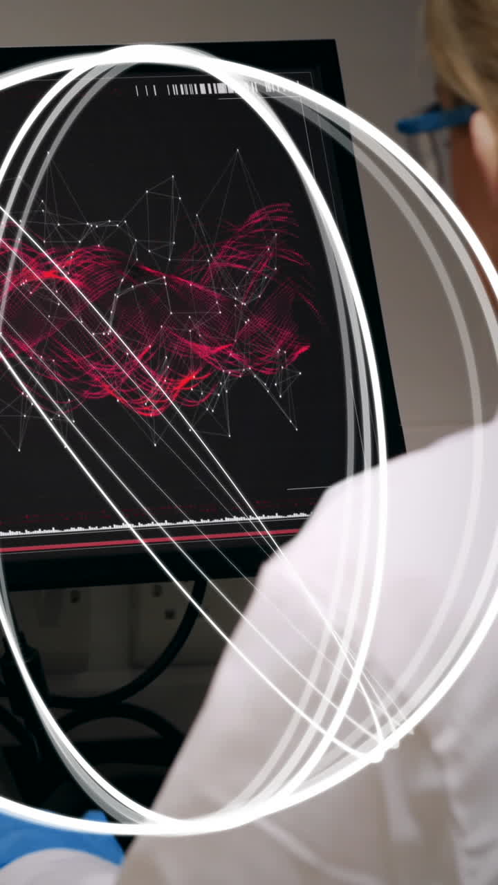 анимация кругов, вращающихся над женщиной-учёным с помощью компьютера