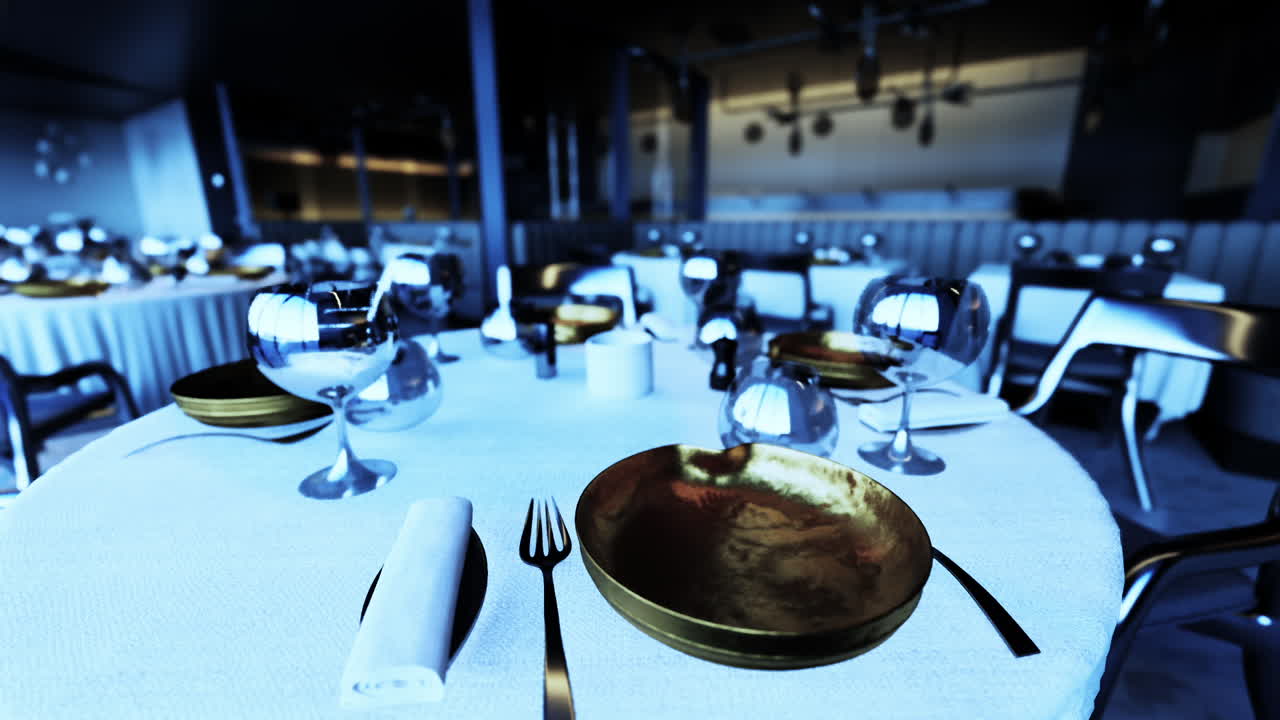 Elegant dining setup in an empty restaurant ready for guests at night