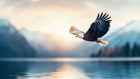 majestic bald eagle soaring over a serene mountain lake at sunset