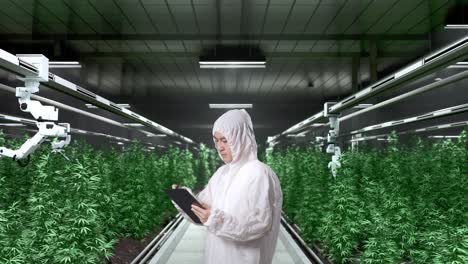 side view of asian marijuana researcher looking around and taking note on a tablet while standing in the marijuana greenhouse with smart robotic farmers