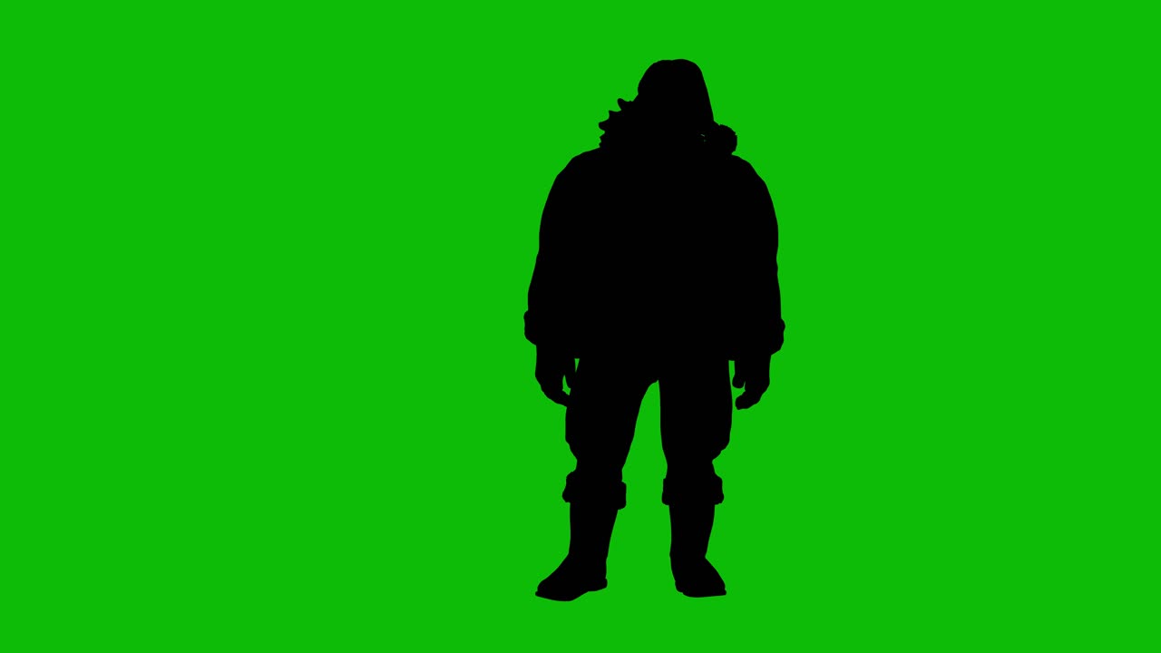 Silhouette of a Santa Claus cartoon figure standing idle on green screen, front view. People silhouettes 3D animation.