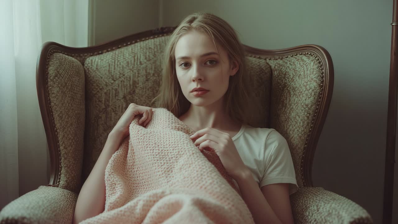 Camera framing woman in white t-shirt lowering pink blanket onto lap by sheer curtain