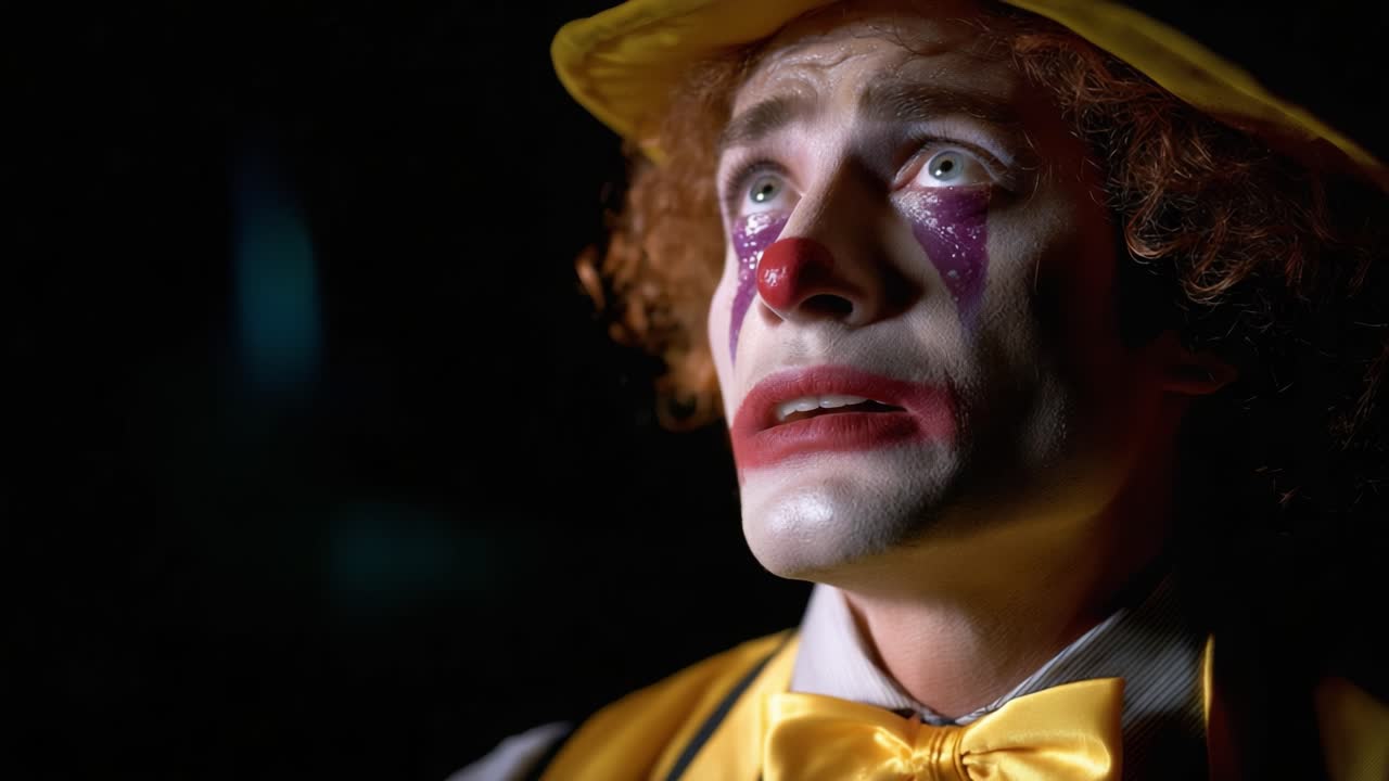 A distressed clown gazing upward, depicting a moment of vulnerability and emotion, with painted face revealing sadness beneath the cheerful costume, in a dark setting