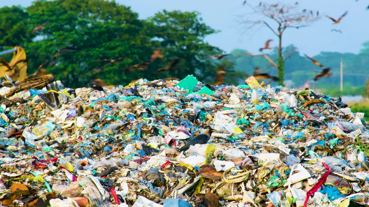 cuervos volando en el vertedero - toma amplia
