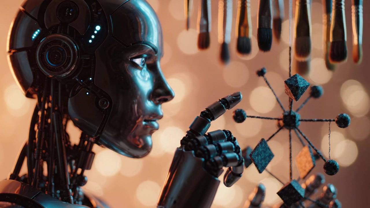 A futuristic robot thoughtfully examines an intricate geometric object, illuminated by shimmering lights, showcasing a blend of technology and artistry.