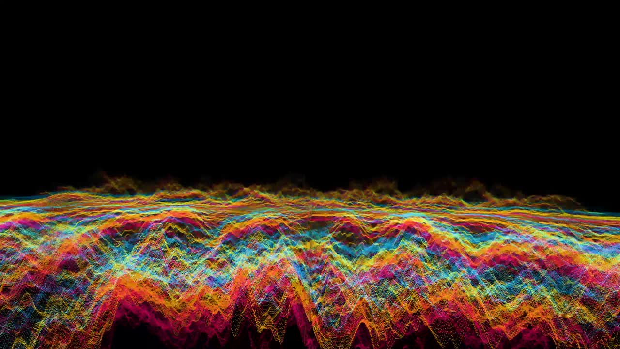 futurista abstracto verde rojo resplandor amarillo y azul oscuro mosca panorámica forma de onda sonido audio música bola oscilación, visualización tecnología de ondas superficie digital