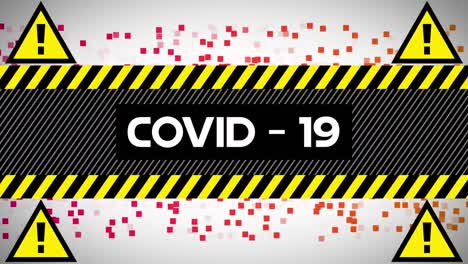 animation of covid 19 text and hazard triangles, over red moving pixels