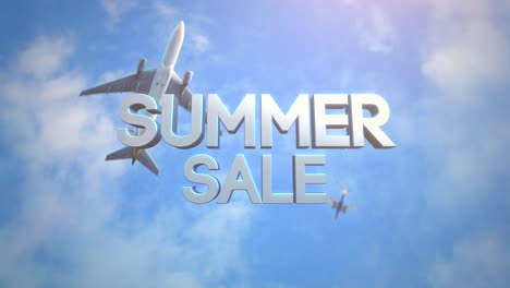 summer sale with fly airplanes in blue sky with clouds