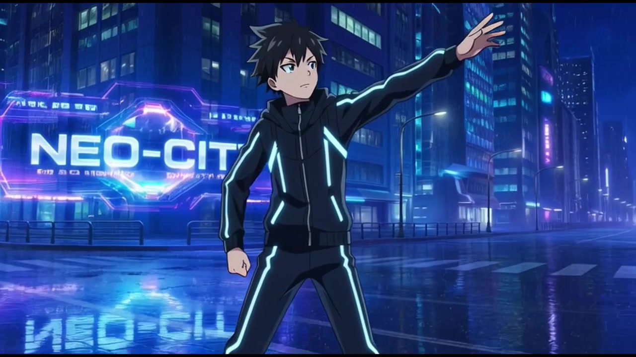 Ragazzo anime in piedi in una città futuristica al neon di notte