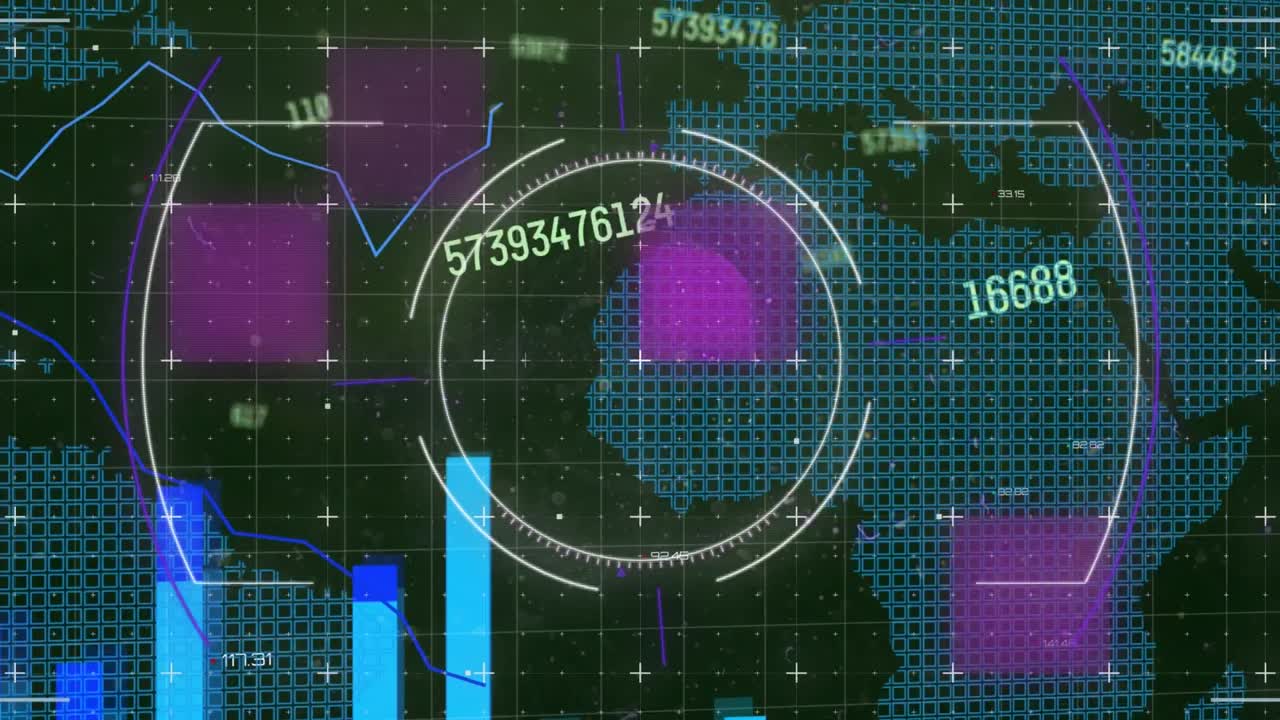 세계 지도와 디지털 공간에서 회전하는 보안 시스템과 다양한 숫자의 애니메이션
