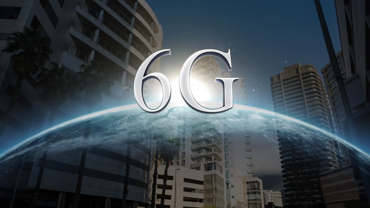animazione di testo 6g, paesaggio urbano e globo