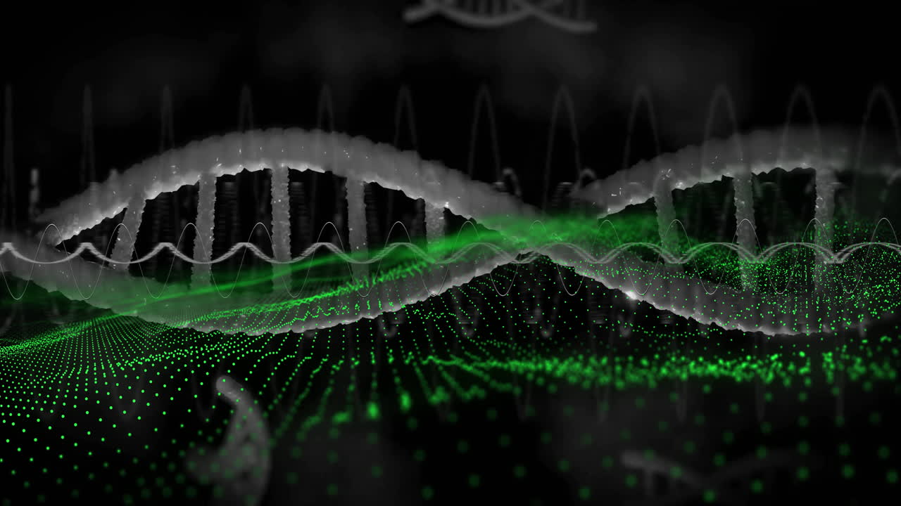cadena de adn y ondas de datos verdes, animación científica sobre un fondo negro