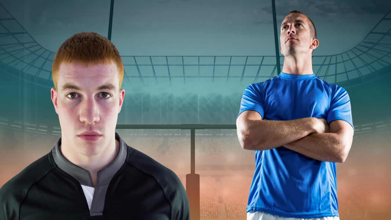 스타디움 위에서 백인 남성 럭비 선수들의 애니메이션