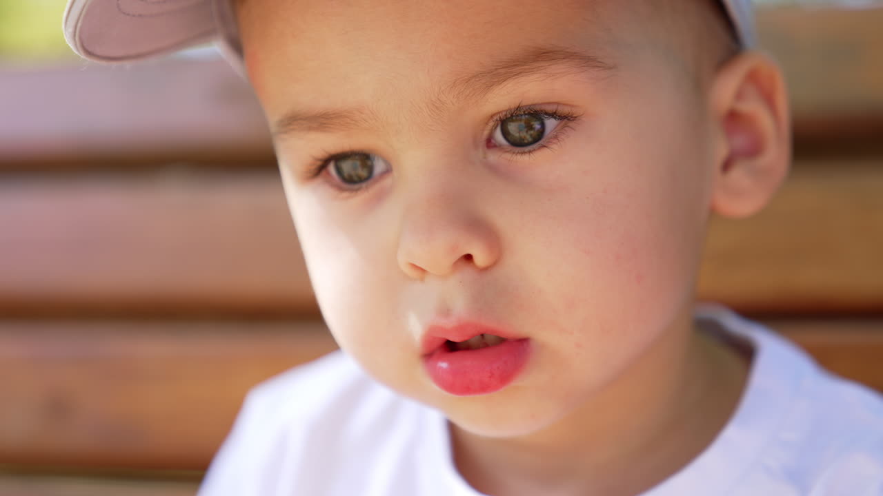 Funny small boy outdoor spend time. Summer outside having fun.