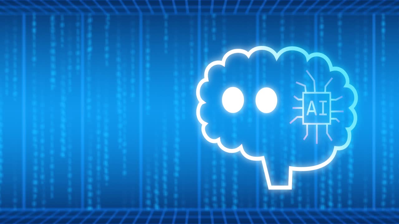 블루 백그라운드에서 세계 지도에 있는 음성 거품에 대한 ai  대화와 이진 코딩의 애니메이션