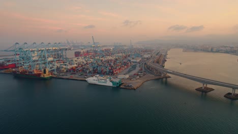 aerial view of algeciras port, close to the container terminal with some vessel alongside