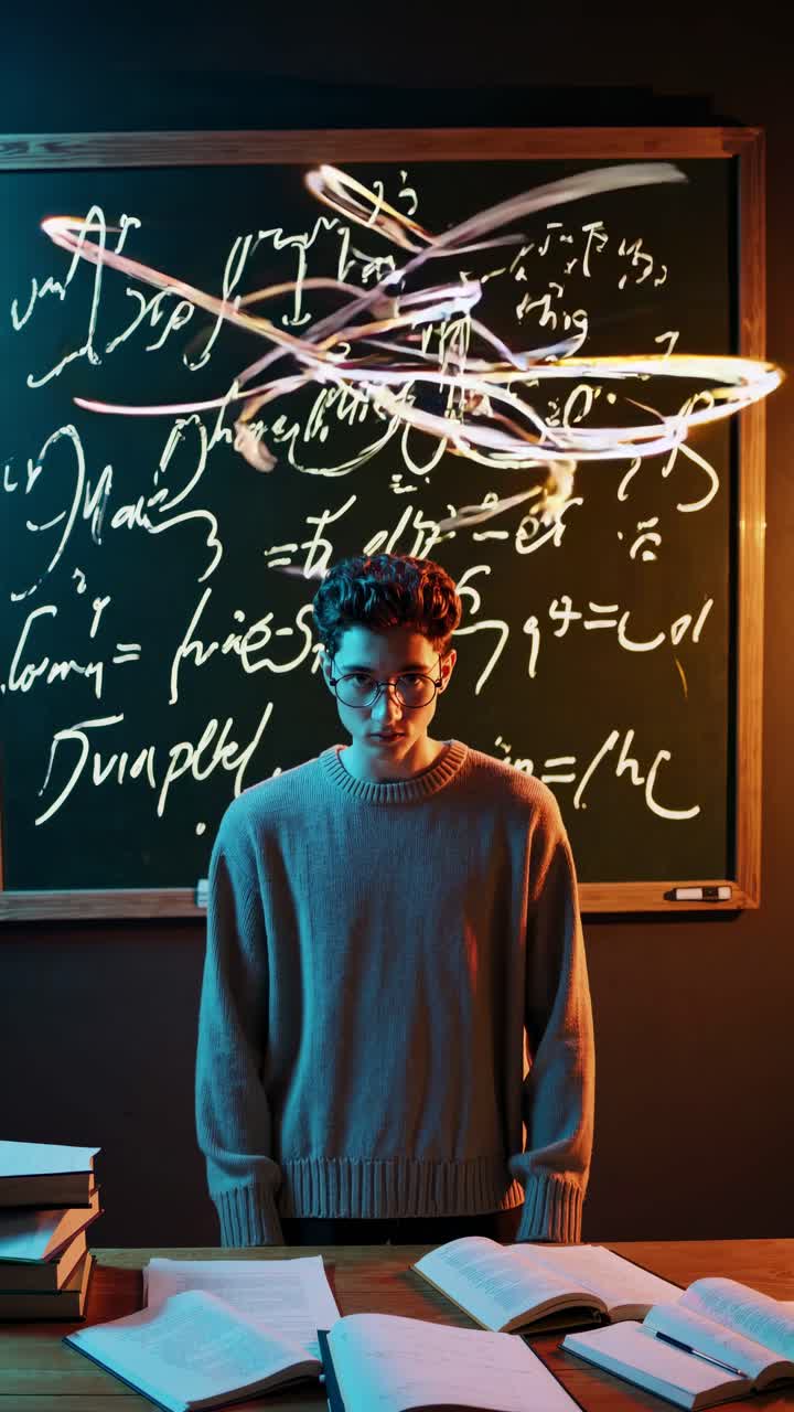 A young man stands in front of a chalkboard with glowing equations