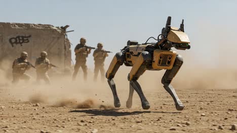 advanced robotic canine assisting soldiers in arid terrain during tactical operations and providing support in hostile environments while engaging in strategic maneuvers