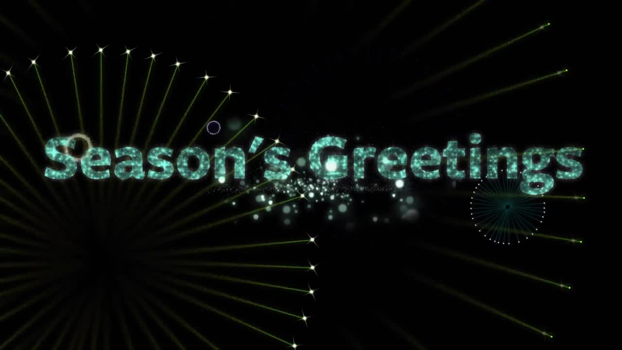 Animation of season's greetings text over fireworks on black background