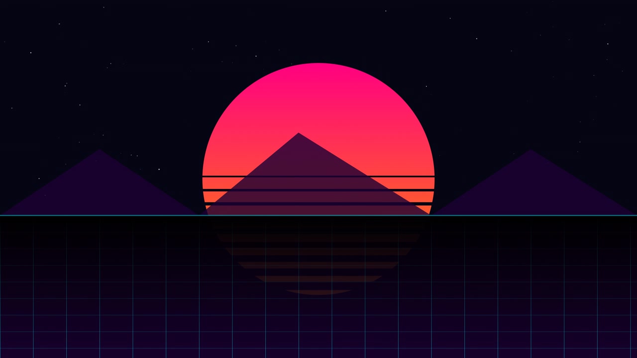 Paesaggio in Stile Retro Synthwave con Sole Luminoso e Montagne