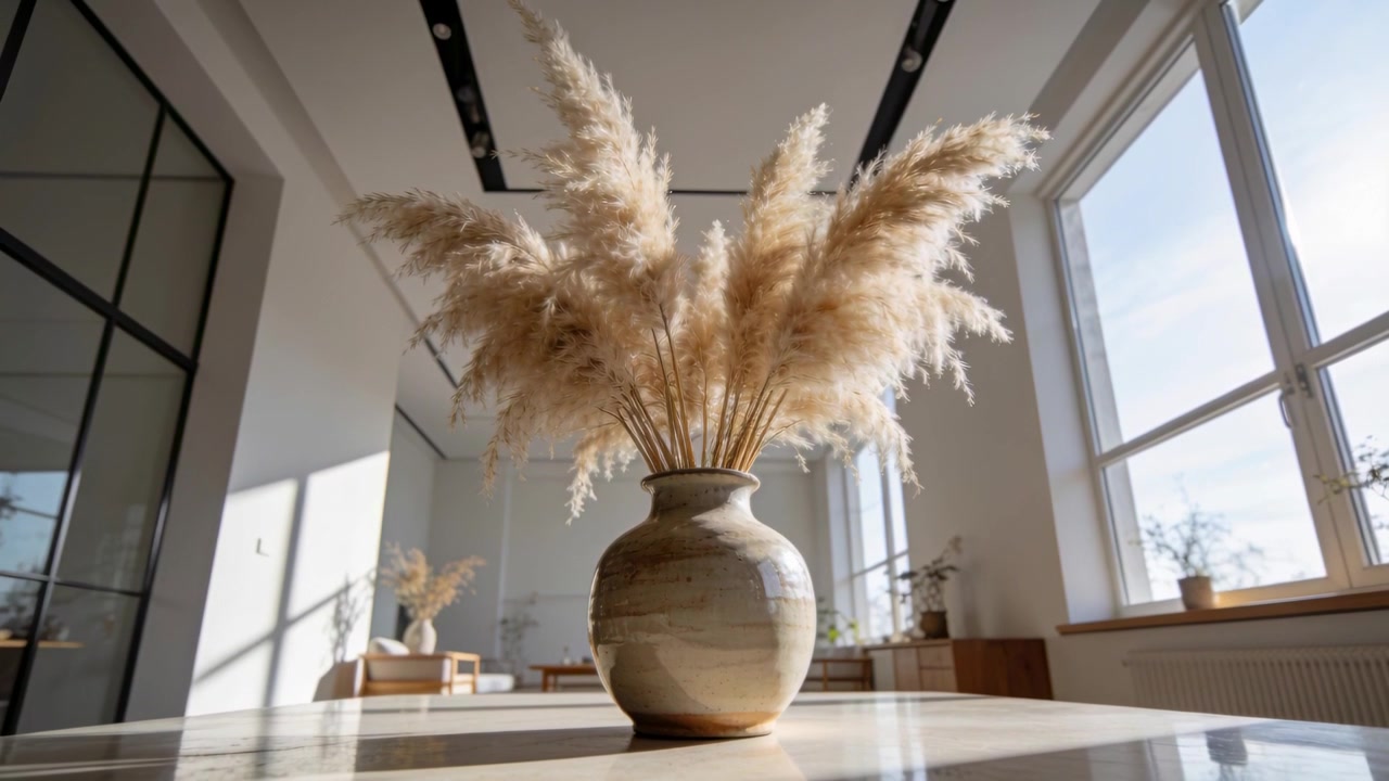 Moving camera softly highlighting glazed vase with pampas grass on wood table in modern living room