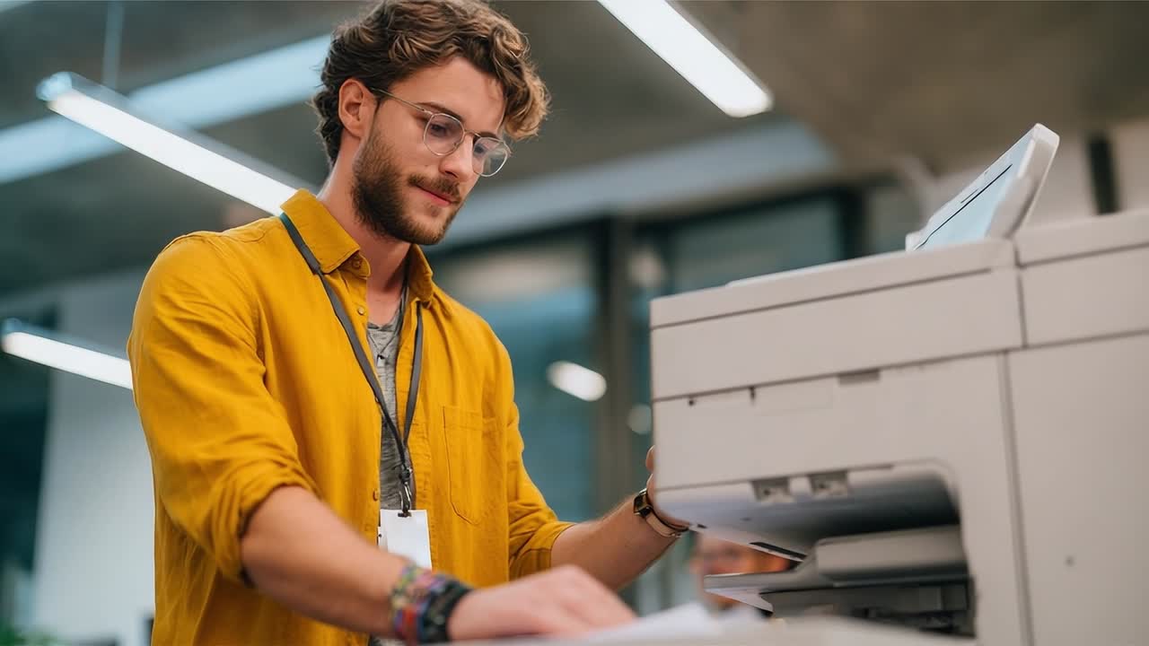 Young man using printer in modern office space during daytime