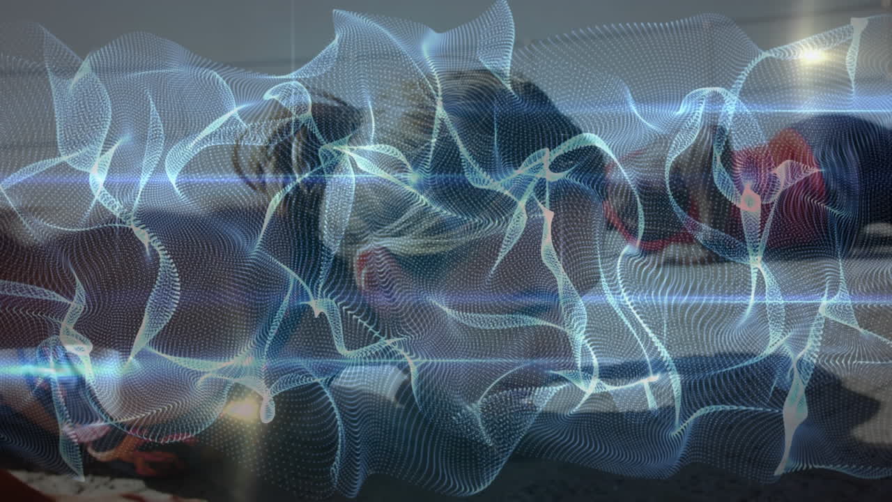 Animation of network of connections over woman and man exercising outdoors