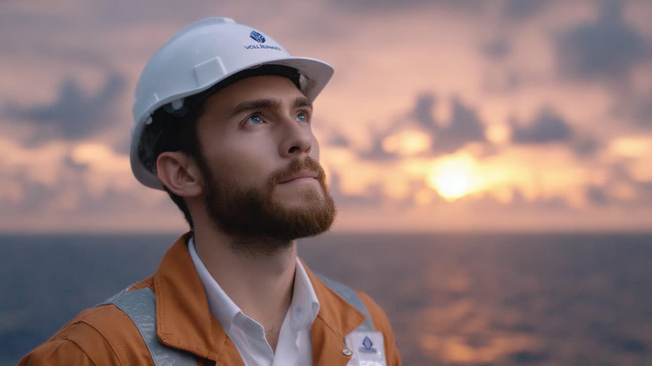 A contemplative moment at sea: A worker gazes towards the horizon, reflecting on challenges and triumphs as the sun sets over an expansive ocean landscape