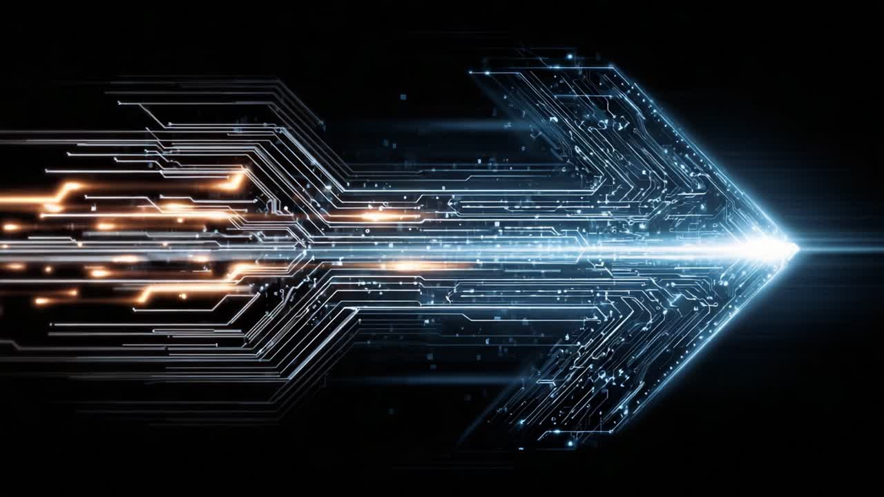 Dynamic Technological Shift: A Futuristic Arrow Symbolizing Speed and Progress Through Advanced Circuitry and Glowing Light Effects
