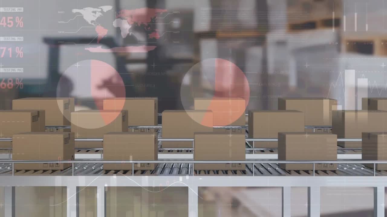 컨베이어 벨트에 있는 카드본 상자 위에서 통계와 데이터 처리의 애니메이션