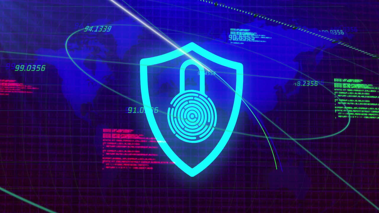 Digital security shield with lock icon over world map and data animation