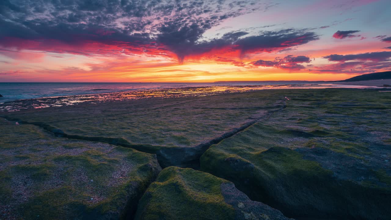 lapso de tiempo de hermosas y coloridas nubes durante la puesta del sol con grietas costeras de roca de musgo de algas verdes