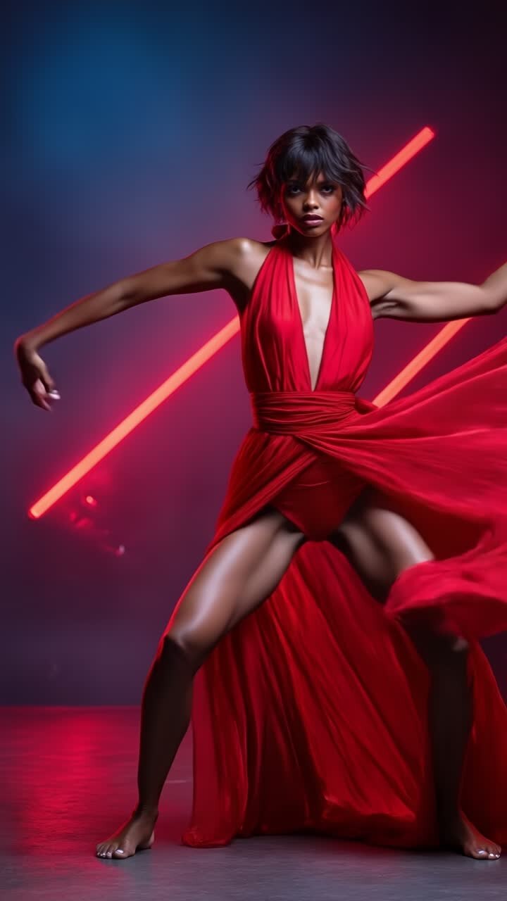 Donna elegante in un lungo abito di seta rosso fluente che posa in uno studio buio con luci al neon
