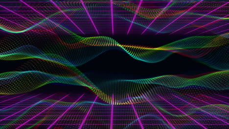 animation of digital waves over purple grid network against black background with copy space