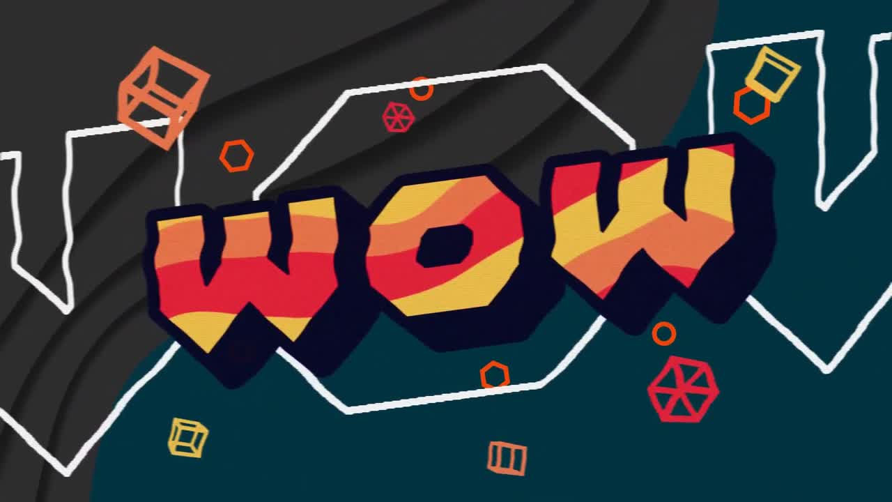 움직이는 배경에 대한 와우 텍스트와 추상적인 모양의 디지털 애니메이션