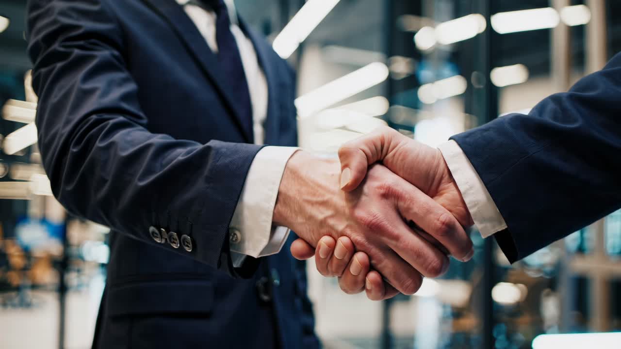 Inquadratura dal basso di due professionisti che si stringono la mano in un ufficio moderno